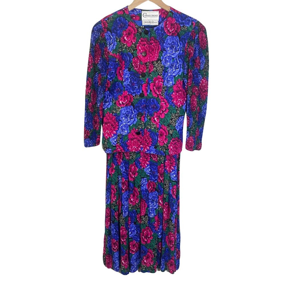 Vintage 80s Saks Fifth Avenue Connections Jacket & Skirt Set Large Floral Sz 6